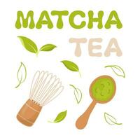 matcha té escrito letras. conjunto de té matcha polvo, té hojas, batidor, cuchara, taza. herramientas para japonés matcha té ceremonia. vector