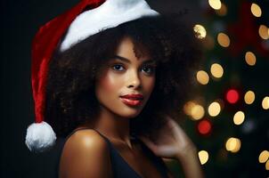 AI generated Black beautiful model in winter in Santa is hat on background of Christmas tree photo