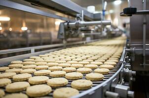 ai generado haciendo galletas en un fábrica foto