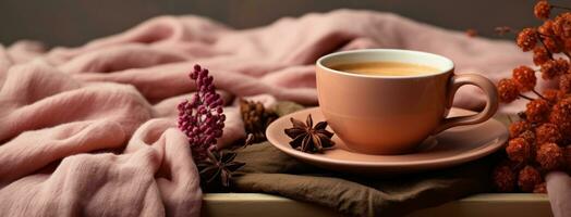 AI generated cup of coffee on the warm pink blanket photo