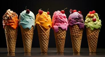 AI generated colorful ice cream cones with nuts and fruits photo