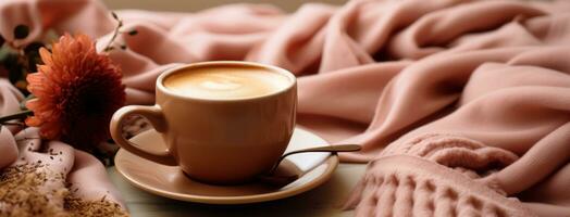 AI generated cup of coffee on the warm pink blanket photo