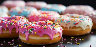 AI generated colorful sprinkled donuts on a table, photo