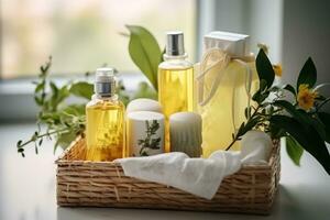 AI generated four natural soaps, a cleaning spray and some green plants in a basket photo