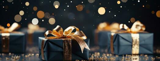 AI generated gifts wrapped in gold on a black background with sparkles photo