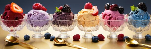 AI generated five spoon selections with four varieties of ice cream on one side and berries photo