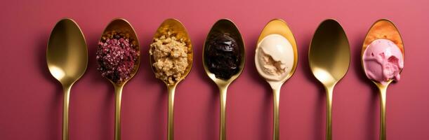 AI generated four spoons sitting on pink background with different flavors of ice cream photo