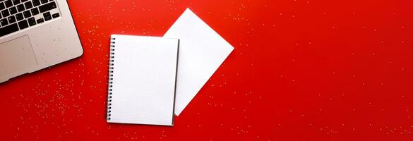 Banner Mockup notebook on a red background. Shopping list. Glitter photo