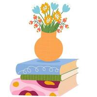 Stack of books with flowers in vase. Read books lover. Literacy day, literary club. Hand drawn vector illustration
