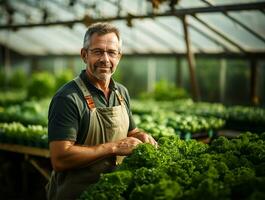 AI generated Confident Farmer with Greenhouse Backdrop photo