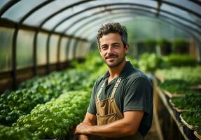 AI generated Confident Farmer with Greenhouse Backdrop photo