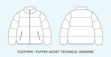 Puffer Jacket, Technical Drawing, Apparel Blueprint for Fashion Designers vector