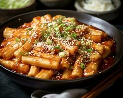 AI Generated Close-up in a black plate of Rice Cakes Tteokbokki photo