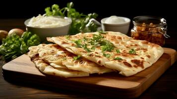 AI Generated On a wooden board, close-up of a ruddy cheese cake sprinkled with parsley, onions, sour cream and other spices on the background in the background, selective focus photo