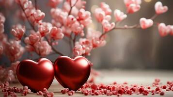 AI Generated two huge red hearts next to small red flowers on the background of sakura twigs, selective focus photo