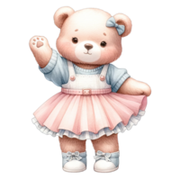 AI generated Watercolor toddler girl bear wearing cute pink pastel dress png