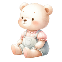 ai gerado aguarela criança pequena menina Urso vestindo fofa Rosa pastel vestir png