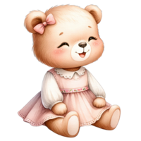 AI generated Watercolor toddler girl bear wearing cute pink pastel dress png