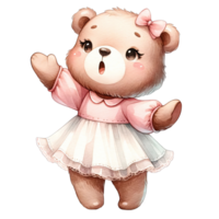 AI generated Watercolor toddler girl bear wearing cute pink pastel dress png