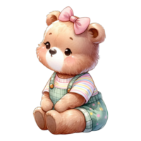 AI generated Watercolor toddler girl bear wearing cute pink pastel dress png