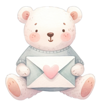 AI generated Watercolor love letter decorated with pastel bear and hearts for Valentines png