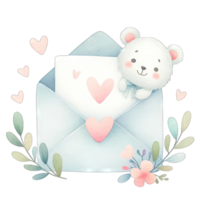 AI generated Watercolor love letter decorated with pastel bear and hearts for Valentines png