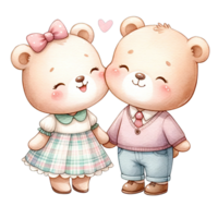 ai generado acuarela Pareja oso vistiendo pastel trajes va en un San Valentín día fecha png