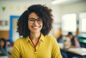 ai generado un sonriente profesor en un salón de clases ajuste foto