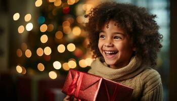 AI generated a woman with curly hair, laughing holding a gift box photo