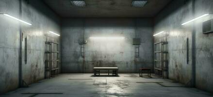 AI generated an empty prison cell with lights on it in a hallway photo