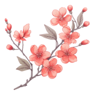 AI generated Hand-drawn branch with flowers and leaves in a retro charm style, light red and gray png