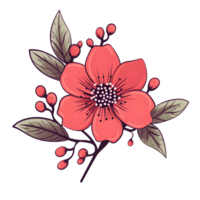 ai generado retro encanto, dibujado a mano rama con flores y hojas, ligero rojo y gris png