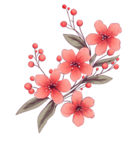 AI generated Hand-drawn branch with flowers and leaves in a retro charm style, light red and gray png