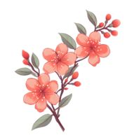 AI generated Hand-drawn branch with flowers and leaves in a retro charm style, light red and gray png