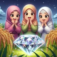 AI generated Muslim girls are shocked to see giant diamonds in the rice fields, AI generated. photo