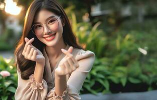 AI generated a female model poses showing a love symbol with her hands, blurred background. AI generated photo