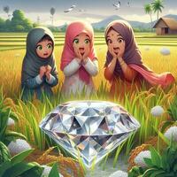 AI generated Muslim girls are shocked to see giant diamonds in the rice fields, AI generated. photo