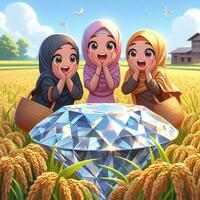 ai generado musulmán muchachas son conmocionado a ver gigante diamantes en el arroz campos, ai generado. foto