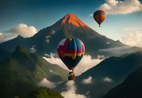 AI generated In the event of a hot air balloon in the mountains, AI is generated. photo