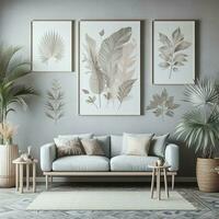 AI generated inspiration for a boho themed living room, AI generated. photo