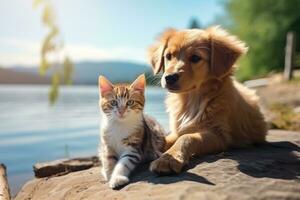 ai generado linda gatito y perrito azotando juntos aislado .generativo ai foto