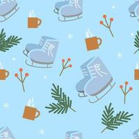 seamless pattern with ice skates, mug and fir branch vector