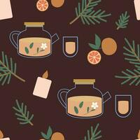 cozy seamless pattern with teapot, tangerine, candles and fir branches on a dark background vector