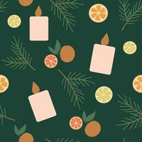 seamless pattern with tangerine, candles and fir branch. new year christmas pattern on dark green background vector