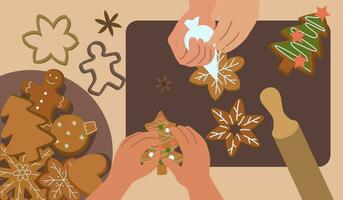 cooking gingerbread top view. making and decorating gingerbread, Christmas baking vector