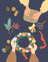 Making Christmas gifts and wreaths. Eco decor, spruce, berries. Gifts in craft paper. Preparing for the celebration of Christmas and New Year. vector illustration