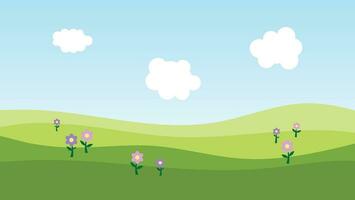 landscape cartoon scene with green field and white cloud in summer blue sky background vector