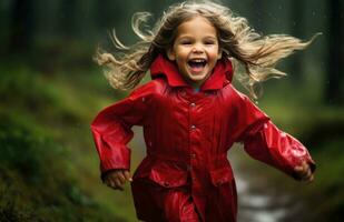 ai generado contento pequeño niña en rojo corriendo mediante el lluvia contento foto