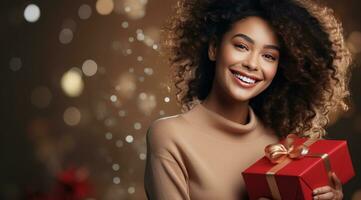 AI generated happy woman with a red gift box photo