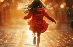 AI generated girl in red running amidst the rain photo